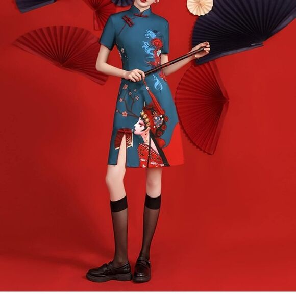 Elegant Blue Dragon Print Mini Dress - Picture 10 of 13